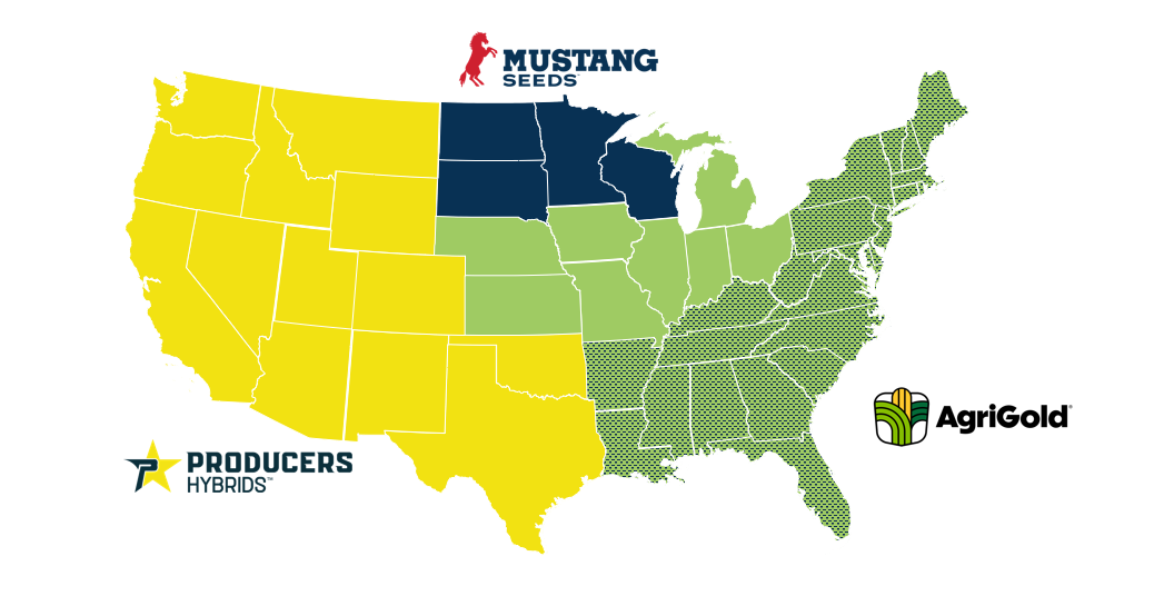 Map of the United States showing which seed brand serves each state.
